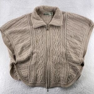 Aran Crafts Sweater Womens Medium Tan Wool Cable Knit Zip Poncho Ireland Button